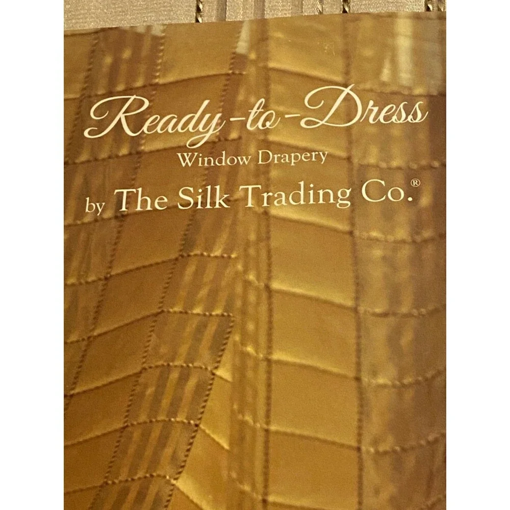 Set of 2 Gold/Cream 100% Sheer Silk Grid Window Curtain Panels 50” X 84” Drapery